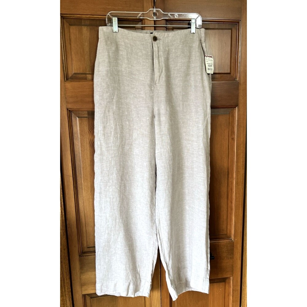 Tahari 100% Linen Beige Tan Wide Leg Pants Sz 10 Pockets Preppy Luxury Zip Front